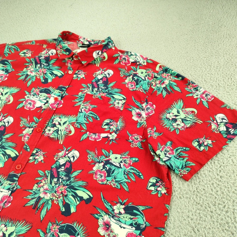 Star Wars Shirt Mens 3XL Red Grogu Mandalorian Tropical Short Sleeve Button Up